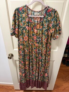 NATURAL LIFE Green Floral Maxi with Pink & Orange Accents